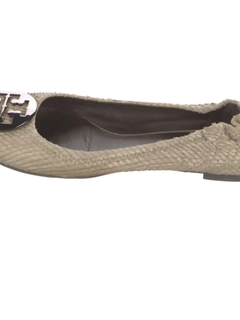 Tory Burch Taupe Snakeskin Ballet Flat with Silver Logo Emblem